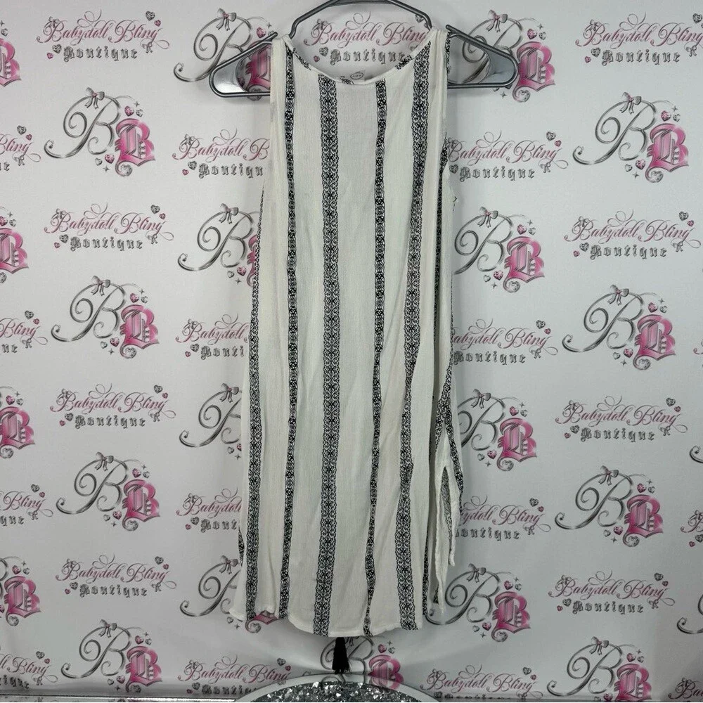 Koy resort tank top long style tassle ties  Black White Striped Sleeveless Top